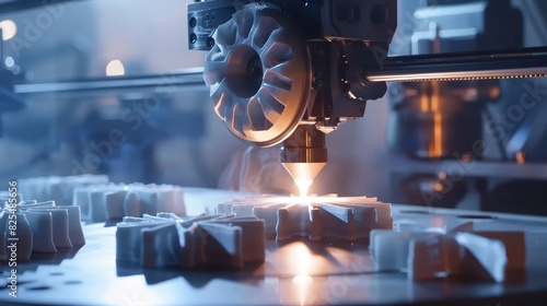 A close up of a cuttingedge 3D printer crafting complex components layer by layer, revolutionizing traditional manufacturing methods, with a cinematic look for added drama photo
