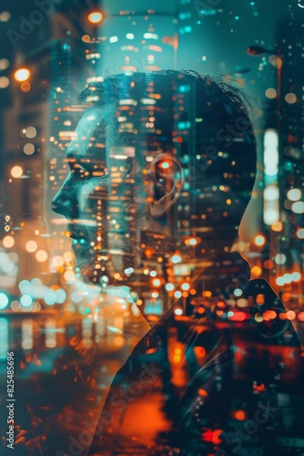 Ageless man overlaid with reflective cityscape lights. © Cloudyew