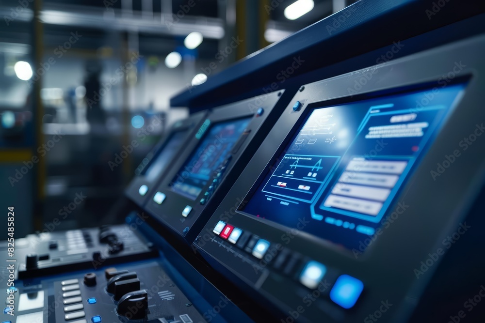A close up of a futuristic control panel in an automated factory, showcasing sleek touchscreens and responsive controls, sharpened with copy space for impactful visuals A close up of a futuristic control panel in an automated factory, showcasing sleek touchscreens and responsive controls, sharpened with copy space for impactful visuals