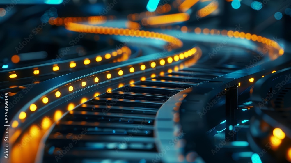 A close up of a stateoftheart conveyor belt system, efficiently transporting products through various stages of production, highlighted by a cinematic look for dynamic presentation A close up of a stateoftheart conveyor belt system, efficiently transporting products through various stages of production, highlighted by a cinematic look for dynamic presentation