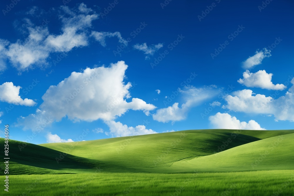 A beautiful summer or spring landscape with green grass on the hills and green fields. The blue sky is filled with white clouds and bright sunlight. Nature as a background. A beautiful summer or spring landscape with green grass on the hills and green fields. The blue sky is filled with white clouds and bright sunlight. Nature as a background.