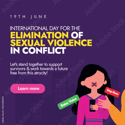International day for the elimination of sexual violence in conflict. 19th June sexual violence in conflict elimination day conceptual banner, post with a girl having stop sign on her mouth.