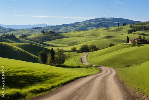 A beautiful summer or spring landscape with green grass on the hills and green fields. The blue sky is filled with white clouds and bright sunlight. Nature as a background.