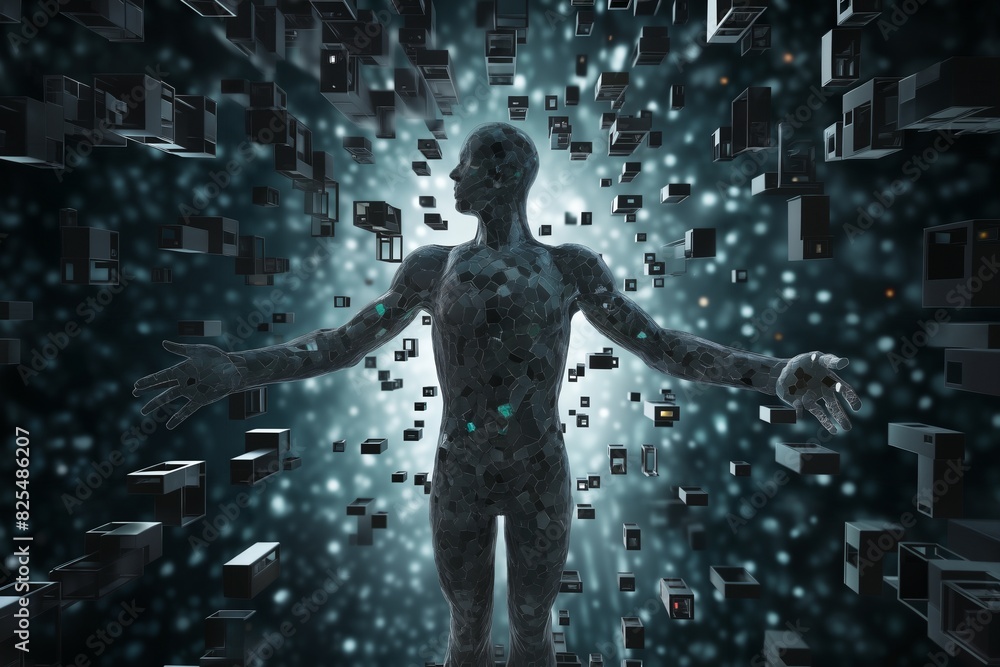 a human figure made of squares and cubes, standing in front of a digital background with abstract particles in space, cybernetics, computer rendering a human figure made of squares and cubes, standing in front of a digital background with abstract particles in space, cybernetics, computer rendering