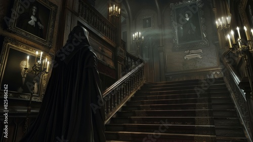 Hooded Figure on Grand Haunted Staircase 