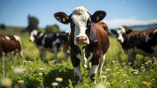 cows in a field of flowers photo