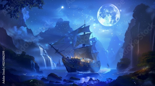 A sailing ship and a giant moon. Fantasy wallpaper.