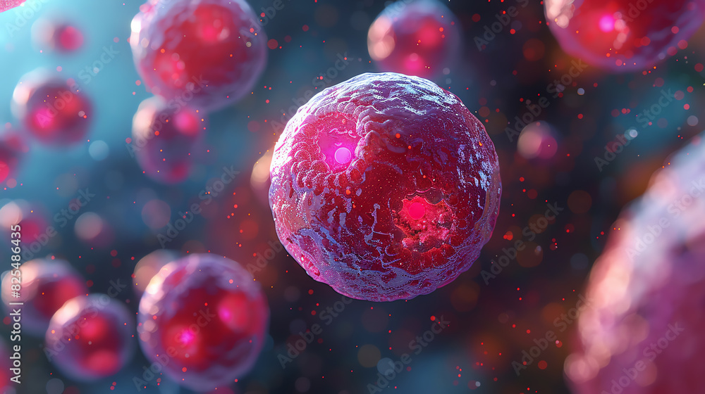 Naklejka premium Red and pink cells floating in blue background.