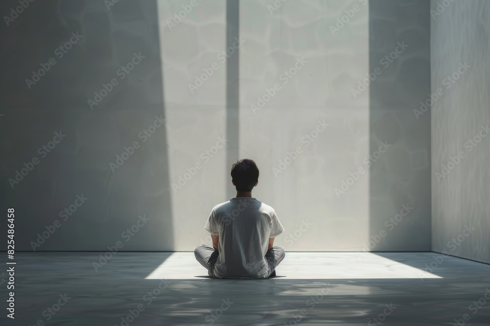 A man is sitting in a room with a white wall A man is sitting in a room with a white wall