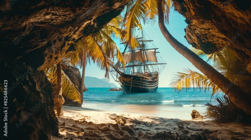A sailing ship viewed from a cave with palm tree and beach A sailing ship viewed from a cave with palm tree and beach