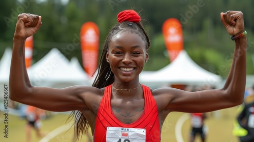 The athlete celebrates her win in a sprint race during a sports competition