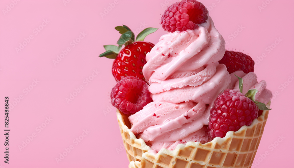 Tasty raspberry or strawberry ice cream in waffle cone on pastel pink background