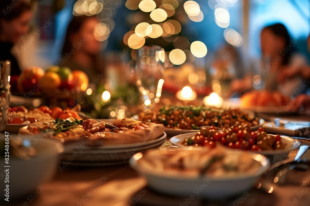 A closeup of a family gathering around a festive table during a national holiday A closeup of a family gathering around a festive table during a national holiday