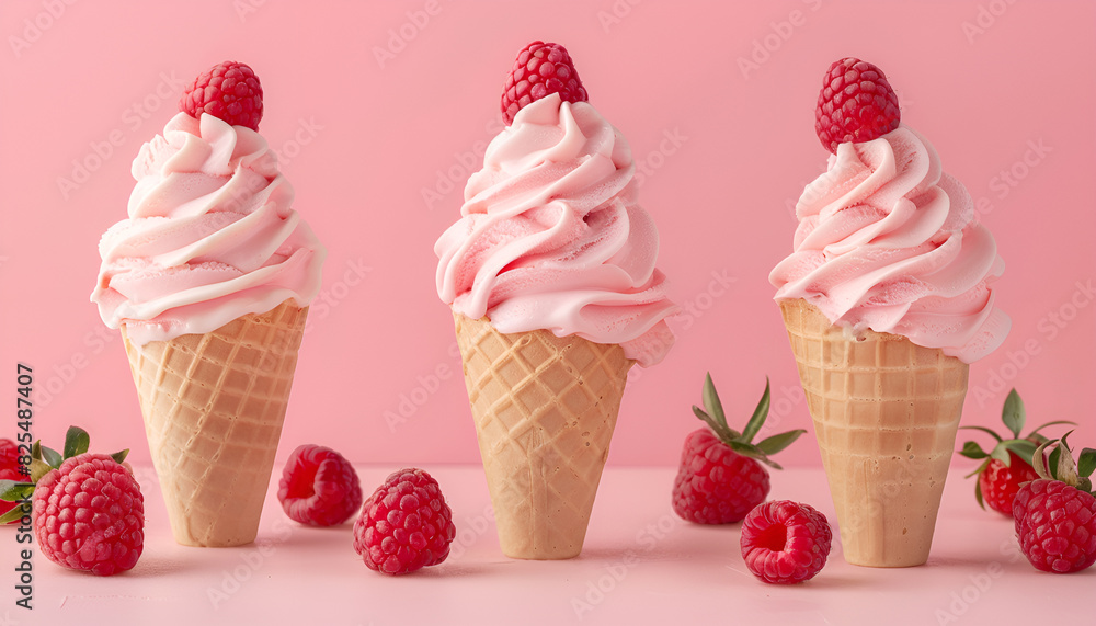 Tasty raspberry or strawberry ice cream in waffle cone on pastel pink background Tasty raspberry or strawberry ice cream in waffle cone on pastel pink background