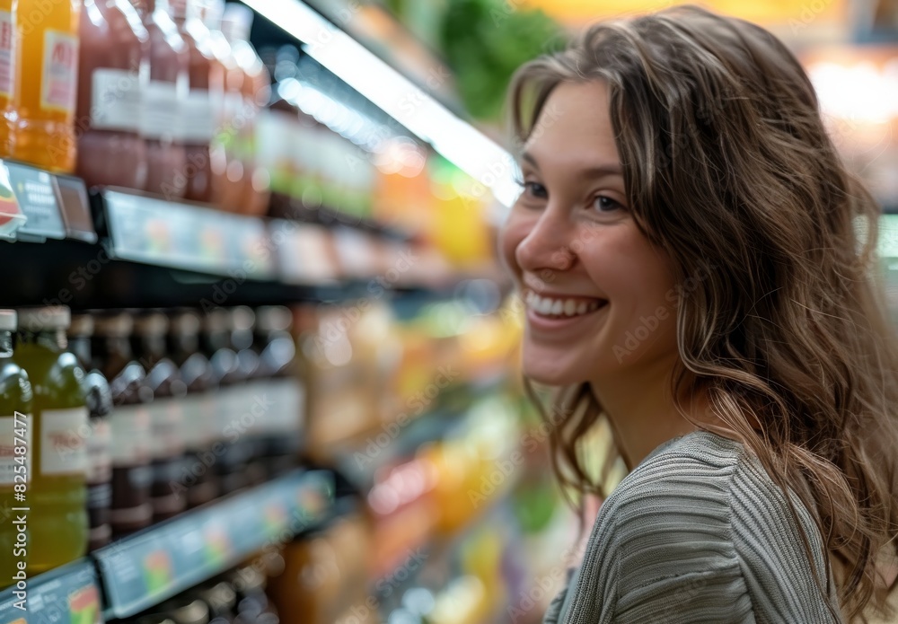 A woman with a genuine smile stands in a supermarket's beverage aisle, surrounded by colorful bottles and products