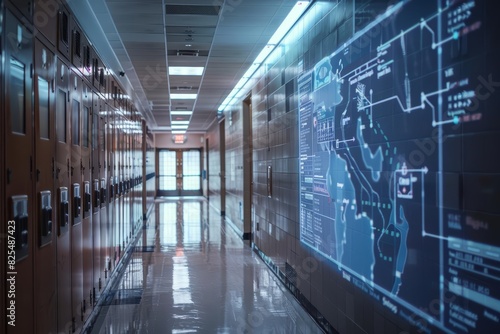 A closeup of an empty school hallway during a student holiday  with lockers lined up and a hightech HUD hologram showing the holiday schedule and upcoming school events