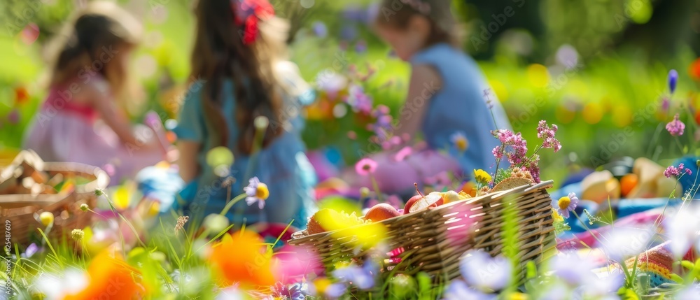 A closeup of children enjoying a spring break picnic in a blooming garden A closeup of children enjoying a spring break picnic in a blooming garden