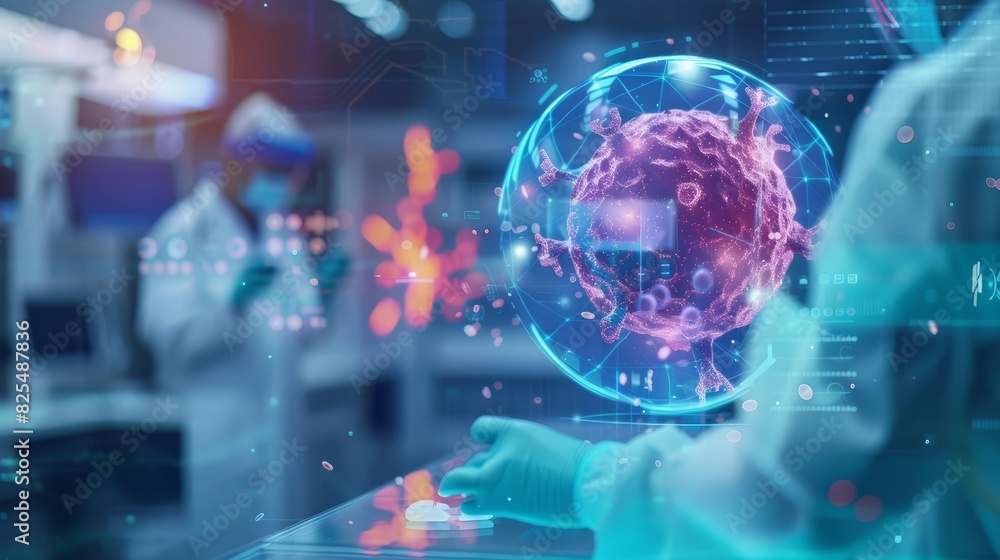 A closeup of oncology with Glow HUD big Icon of cancer cell A closeup of oncology with Glow HUD big Icon of cancer cell