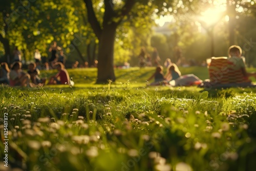 A closeup of people relaxing in a park on a bank holiday