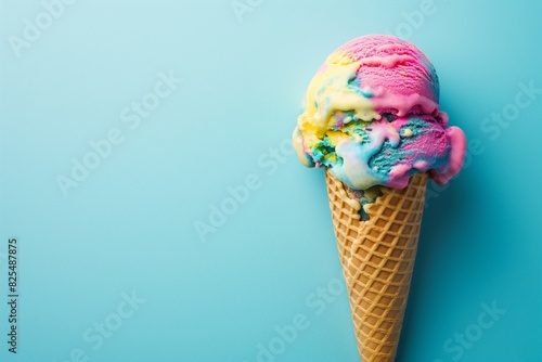 Vibrant scoop of multicolored ice cream melting over the edge of a crispy waffle cone, isolated against a bright blue pastel background, evoking a refreshing sense of summer