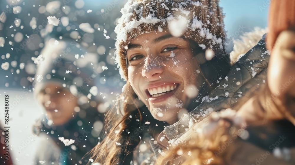 Obraz premium A closeup of students enjoying a snowball fight during a winter break