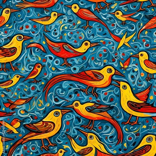 AI generated illustration of a seamless repetitive pattern of yellow and orange birds