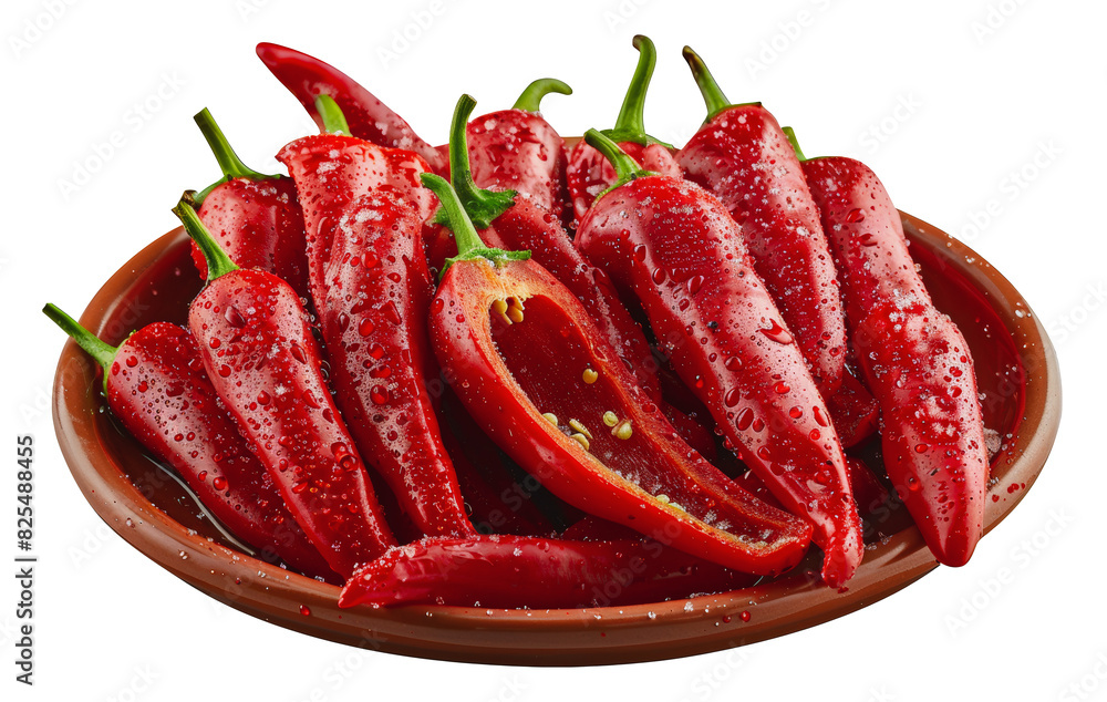 Wet red chili peppers on a plate, cut out - stock png. Wet red chili peppers on a plate, cut out - stock png.