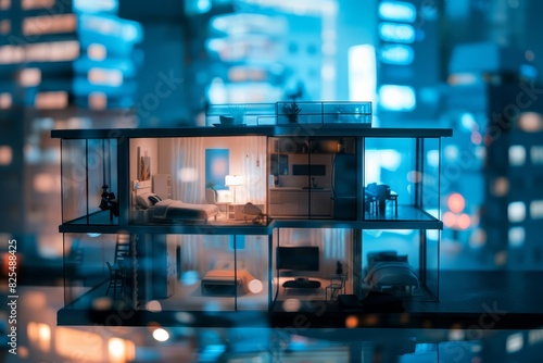 A doll house scene blended with the planning of a startup, creating a hybrid image of childhood and professional achievement, with a cyberpunk color scheme and a blurry backdrop