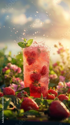 Tall Glass Filled With Drink Surrounded by Strawberries