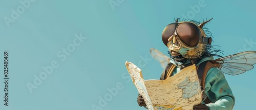 A fly wearing a tiny pilots helmet and goggles, holding a miniature map, set against a solid sky blue background with copy space