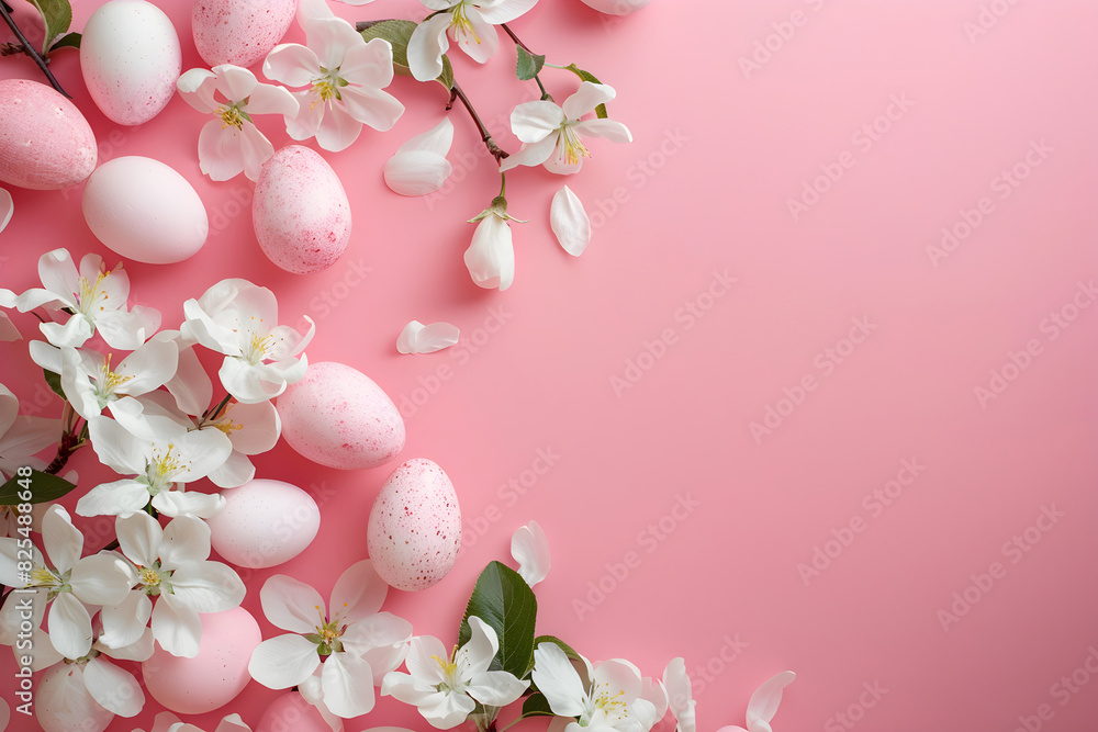Fototapeta premium Frame with white and pink speckled easter eggs and cherry blossoms on light pink background. Happy Easter concept. Simple spring template, greeting card, banner. Top view, flat lay with copy space
