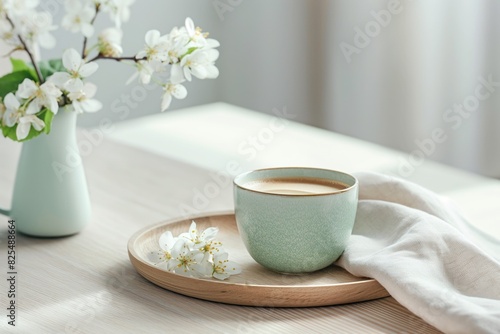 Tranquil setting featuring a cup of coffee on a wooden tray beside a vase with fresh spring blossoms, symbolizing peace, renewal, and the simple pleasures of morning routines photo