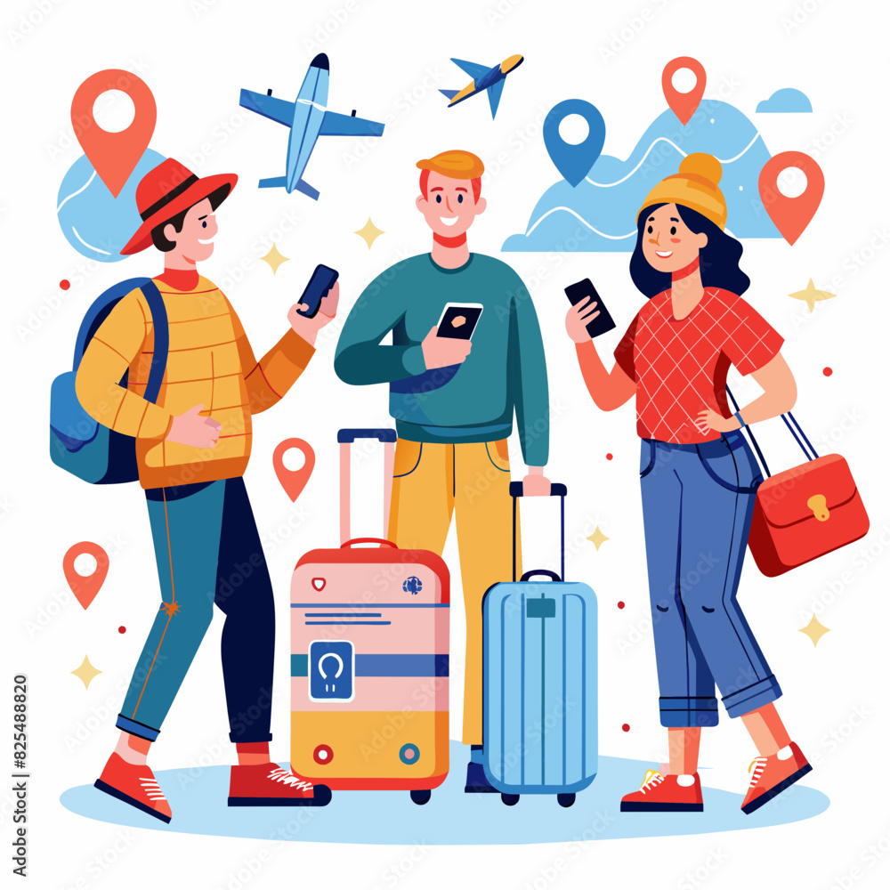 Travel illustration, planning trips and Choosing Destination, Preparing Travel Visa and Passport, Booking Flight and Hotels. Vacation and Tourism Concept. Flat Cartoon Vector Illustration