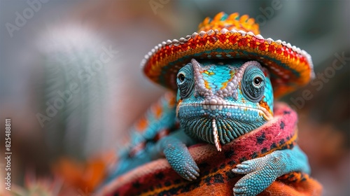 Chameleon holding a blank sign wearing Mexican clothes and a sombrero hat © DZMITRY