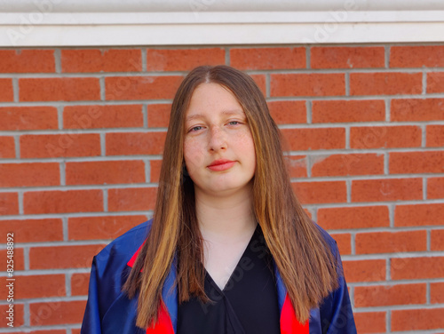 Valokuva The image shows a young girl with long, straight hair standing in front of a red brick wall
