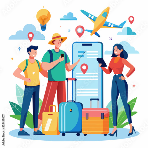 Travel illustration  planning trips and Choosing Destination  Preparing Travel Visa and Passport  Booking Flight and Hotels. Vacation and Tourism Concept. Flat Cartoon Vector Illustration