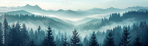 panorama landscape of forest in the mountains with fog