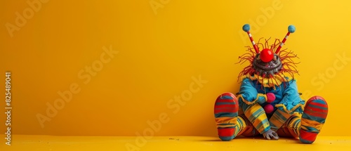 A millipede in a colorful clown outfit, complete with a red nose and oversized shoes, set against a solid yellow background with copy space photo