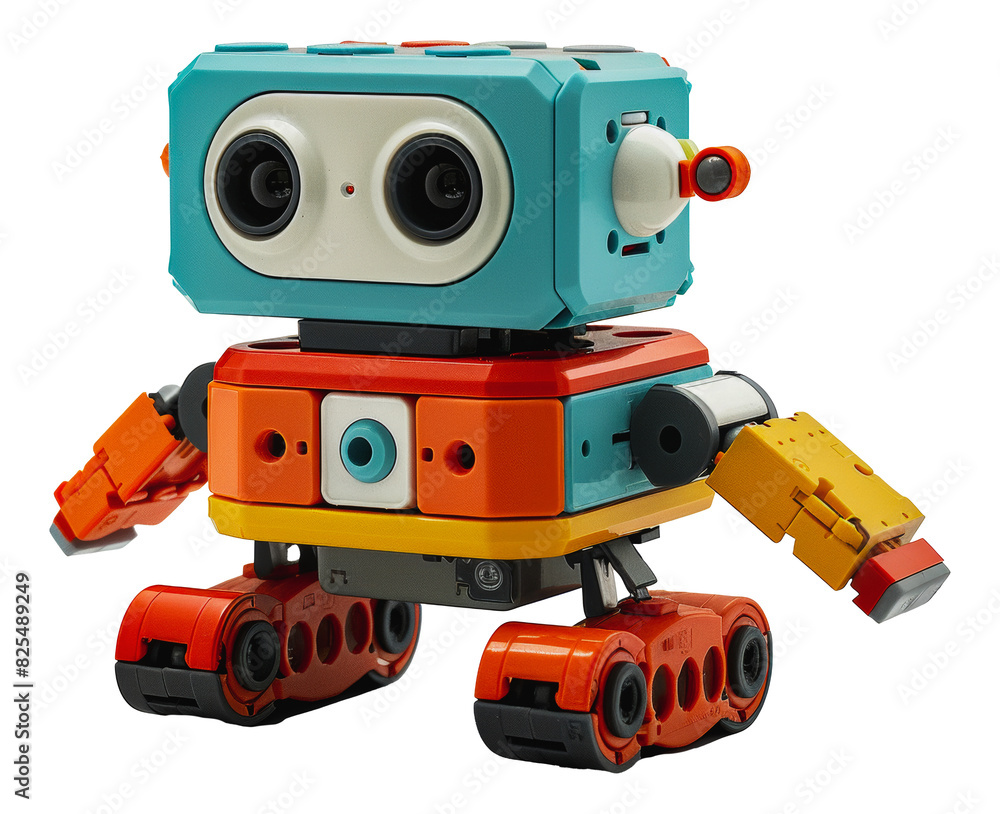 Colorful toy robot with large eyes, cut out - stock png. Colorful toy robot with large eyes, cut out - stock png.