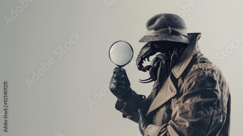 A scorpion in a detectives trench coat and hat, holding a magnifying glass, set against a solid gray background with copy space photo