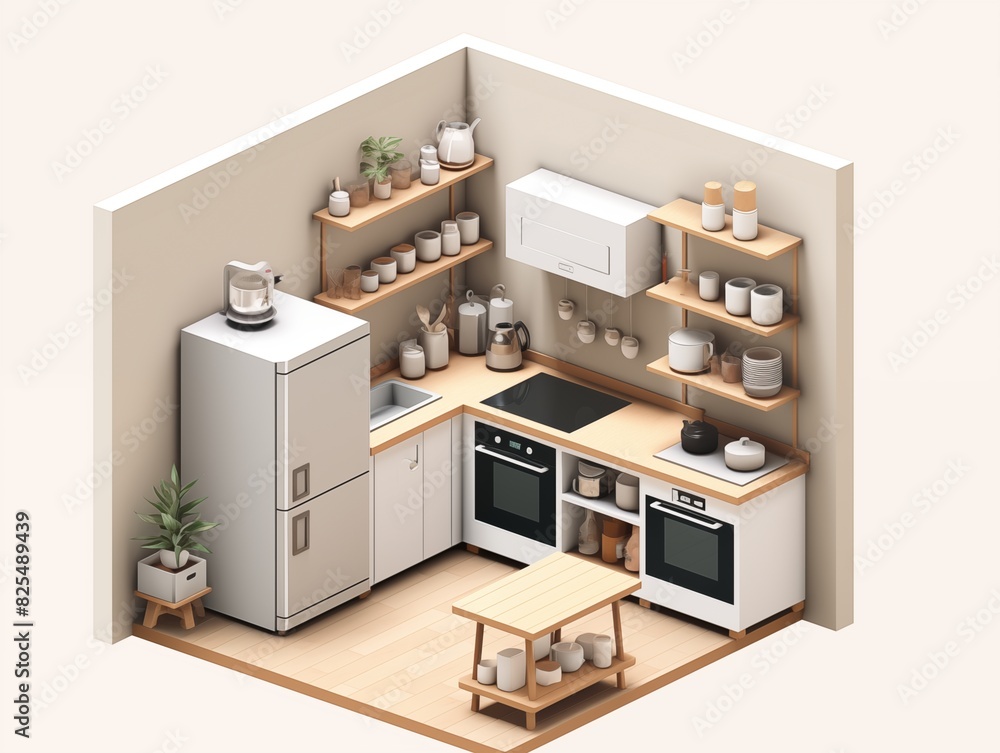 Isometric vector of a Muji kitchen, highlighting the minimalist design with natural wood cabinets, modern appliances, and an organized, clutter-free space