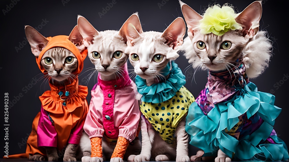 Creative animal concept, Group of Devon Rex cats and kittens in funky wild mismatched colorful outfits on bright background for advertisement, copy space, birthday party invite, and banner Creative animal concept, Group of Devon Rex cats and kittens in funky wild mismatched colorful outfits on bright background for advertisement, copy space, birthday party invite, and banner