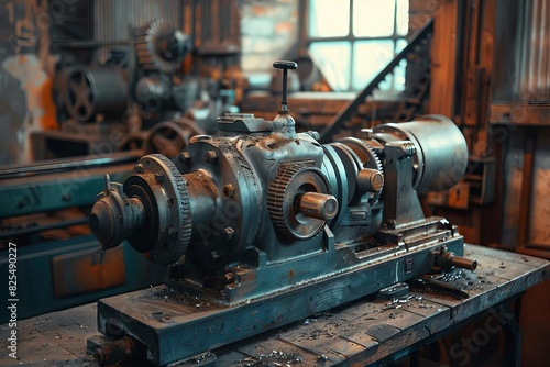 vintage lathe with belt drive mechanism in rustic factory workshop industrial heritage still life © Lucija