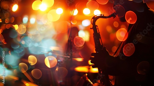 Saxophone player on the stage with blurred lights in the background. photo