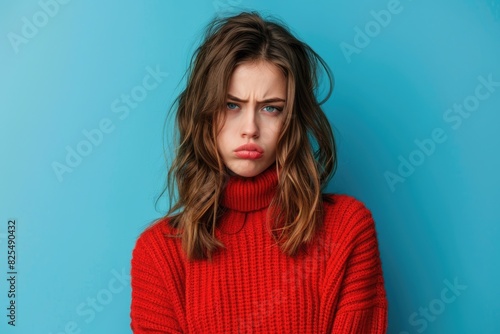 Disappointed Person. Unhappy and frustrated young woman wearing red sweater over isolated blue background photo