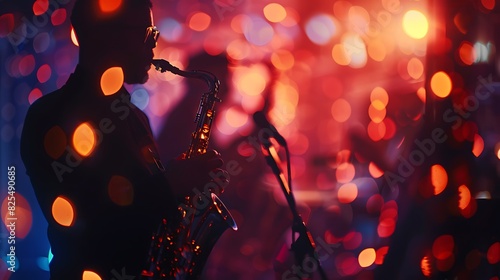 Silhouette of a musician playing the saxophone on the stage with blurred colorful lights in the background. photo