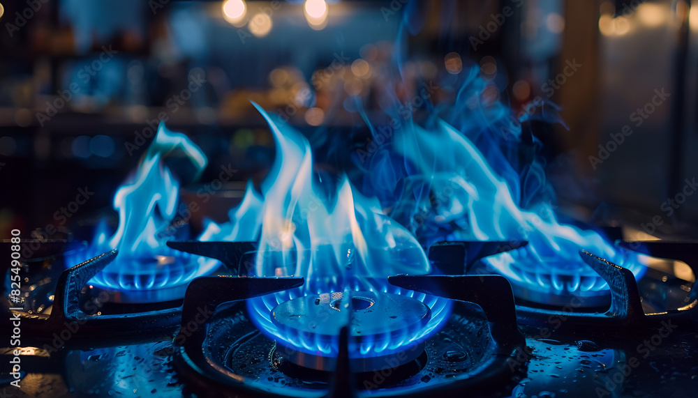Close-up of a blue fire on a home kitchen stove. Gas stove with burning propane flame