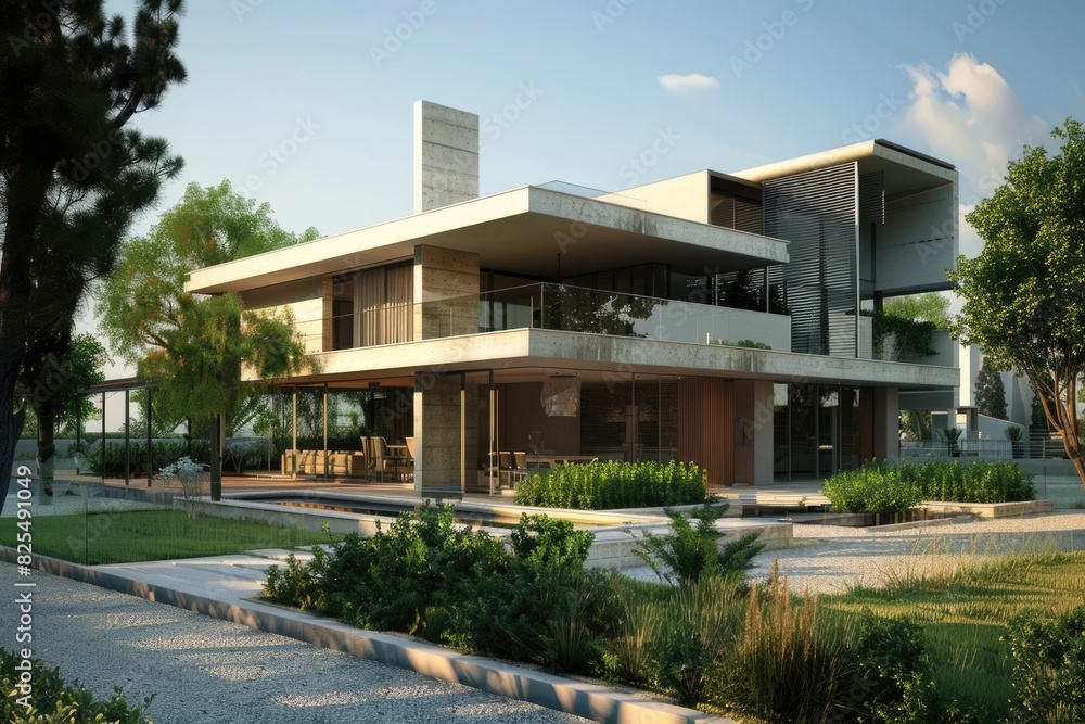 Modern House Outside. Enormous Villa with Front Yard and Backyard Terrace