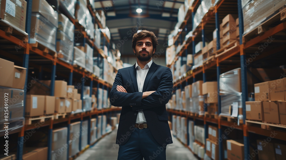 Businessman Standing With Arms Crossed in Warehouse Businessman Standing With Arms Crossed in Warehouse