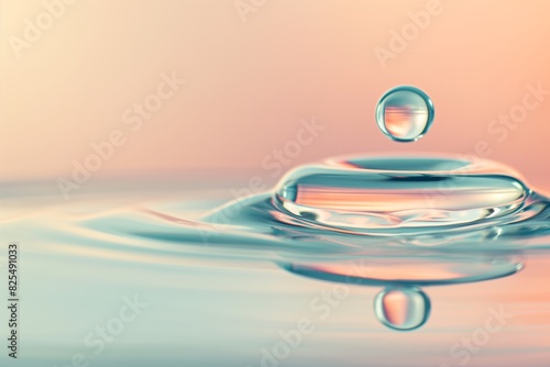 Tranquil water drop is captured at the moment of impact against a smooth pastel-hued surface, creating a serene and minimalistic scene perfect for tranquil and nature-inspired themes